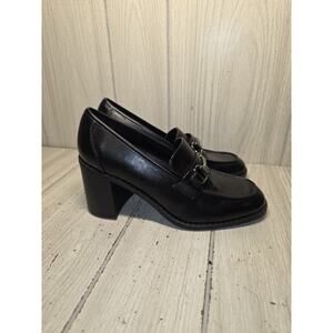 Marc Fisher Black Heeled Loafers 6M Block Heel Horsebit Lug Sole Shoes Preppy